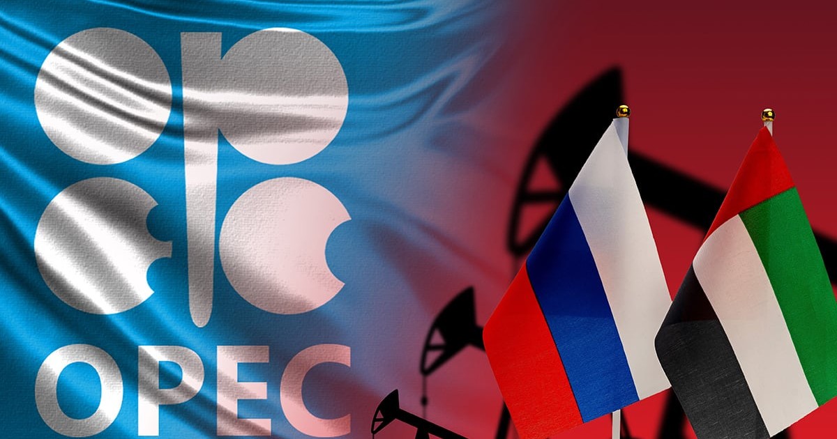 Colaj cu sigla OPEC, steagurile Rusiei si Emiratelor Arabe Unite