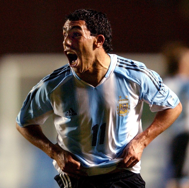 Argentinian Carlos Tevez celebrates the goal he scored against the Colombian team during the semi-finals of the America's Cup 2004 at National stadium in Lima, Peru, Tuesday, 20 July 2004. EPA/J.C.CARDENAS