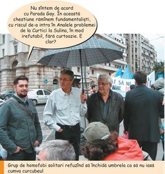 Imagine în care apare și Claudiu Târziu (stânga), din timpul unui marș anti-gay din 2010. A fost publicată într-un articol din Academia Cațavencu din același an.&nbsp;