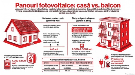 Panouri fotovoltaice casă vs balcon. Infografic realizat cu ajutorul Inteligenței Artificiale