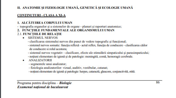 Programa Anatomie Bac 2021