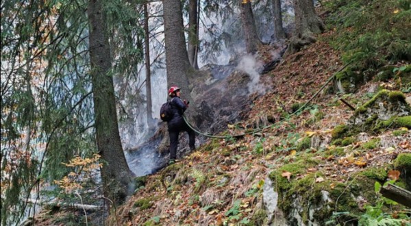 Un pompier în timp ce stinge un incendiu de vegetatie