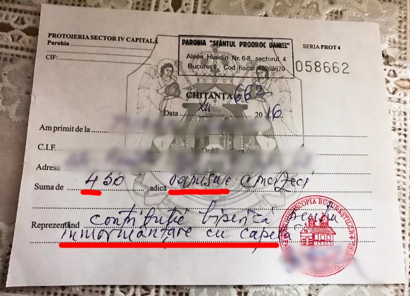 Chitanța 662 care a ajuns la enoriaș - au apărut adăugări la sumă și descrierea serviciului.
