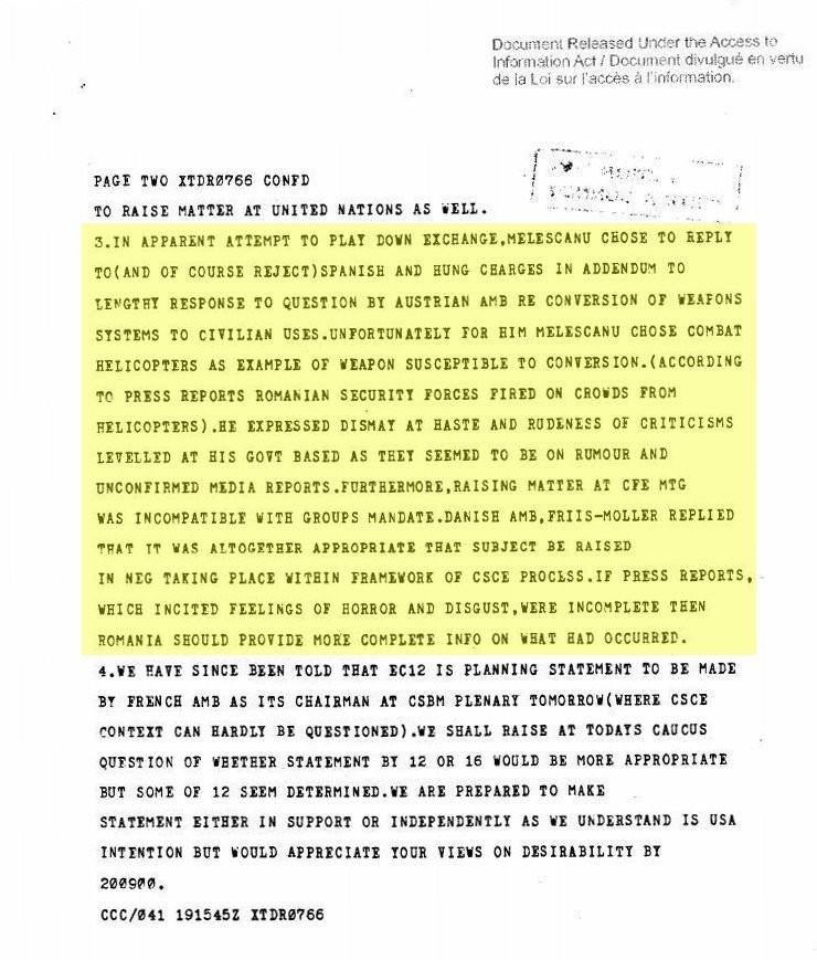 Telegrama diplomatică canadiană din 19 decembrie 1989