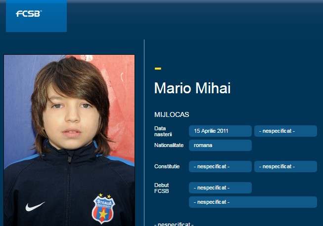 Mario Mihai și fișa lui de prezentare de pe site-ul clubului