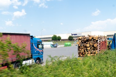 Camioane cu lemne în faţa fabricii Kronospan din cartierul Stupini, Braşov