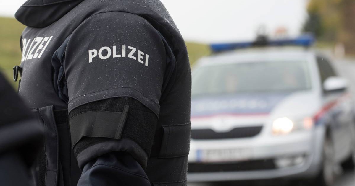 Un polițist din Austria, îmbrăcat în uniforma de intervenție, în timp ce efectuează un control pe autostradă