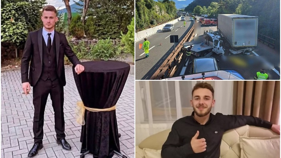 Colaj compus din trei fotografii: în stânga un tânăr elegant în costum negru lângă o masă de cocktail, un alt tânăr în dreapta jos zâmbind pe o canapea și o imagine din dreapta sus ce prezintă un grav accident rutier pe o autostradă, implicând un autotren.