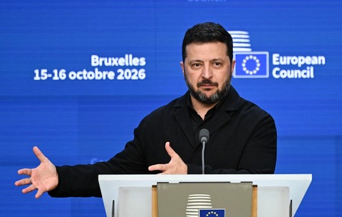 Președintele ucrainean Volodimir Zelenski în conferință de presă la Bruxelles Sursa foto: Profimedia