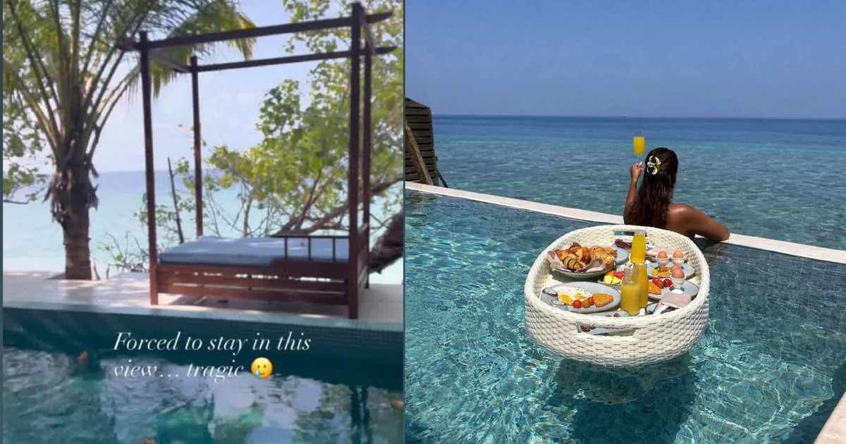 O piscină cu un baldachin pe margine// O femeie cu un pahar de suc de portocale in mana, pe marginea unei infinity pool, in care este o tavă care pluteste cu micul dejun