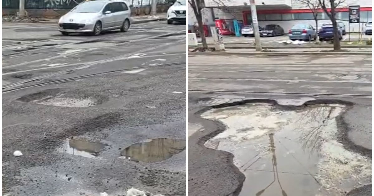 Gropi care s-au format pe șosea.