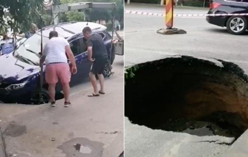 O mașină a fost avariată  într-o parcare din Craiova, după ce asfaltul s-a surpat