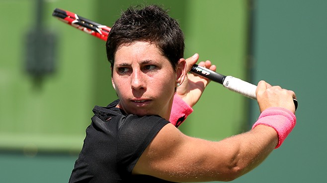 Carla Suarez Navarro plays Heather Watson on Stadium 2 at the Indian Wells Tennis Garden in Indian Wells, California on Tuesday, March 17, 2015. (Photo by Michael Cummo/BNP Paribas Open)