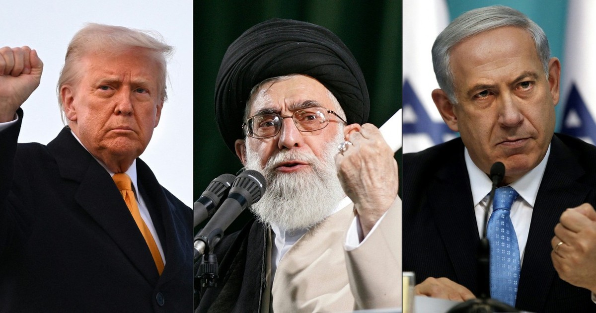 Colaj cu Donald Trump (stânga), ayatollahul suprem Ali Khamenei (centru) și Benjamin Netanyahu. Cu toții au pumnii strânși, un indiciu al tensiunilor din Orientul Mijlociu Foto: Profimedia