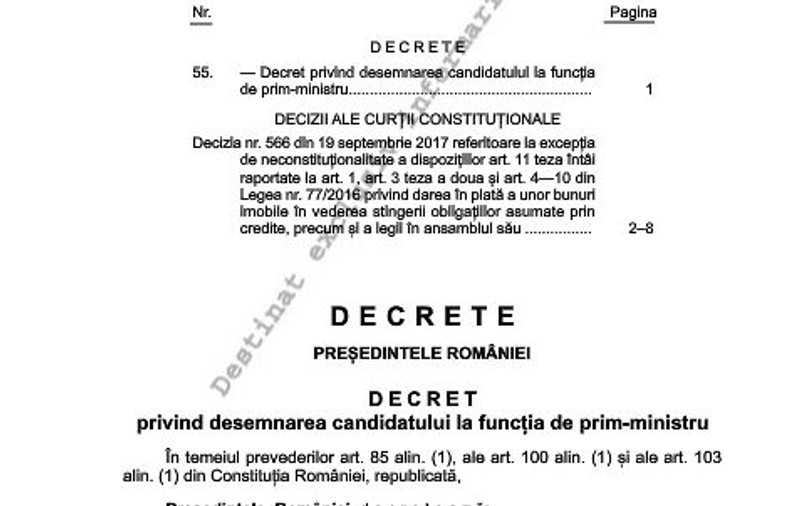 UPDATE. Decretul de desemnare a Vioricăi Dăncilă a fost scris greșit; Administrația Prezidențială a trimis rectificare la Monitorul Oficial