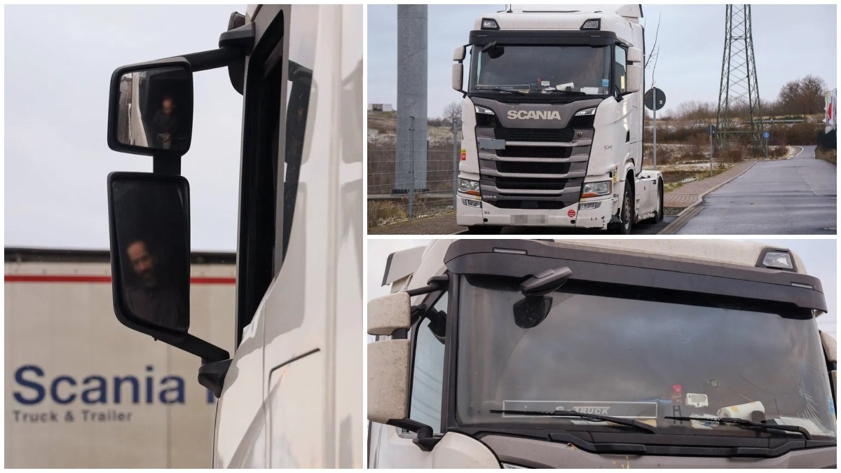 Trei imagini cu un camion oprit într-o parcare