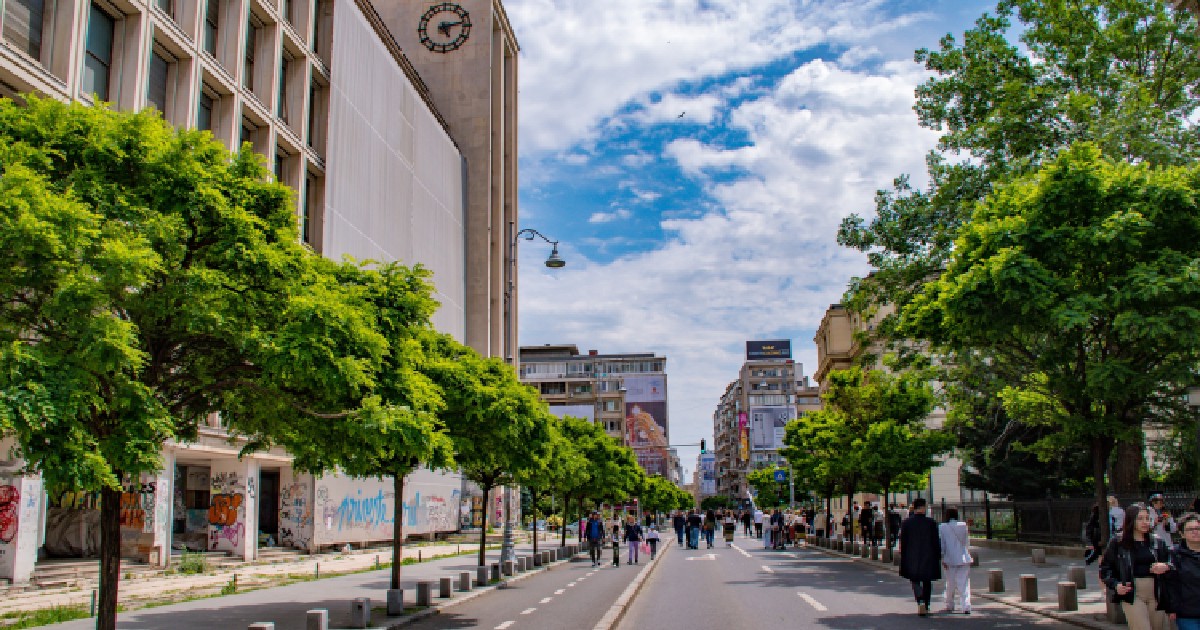 Oameni mergând pe Calea Victoriei