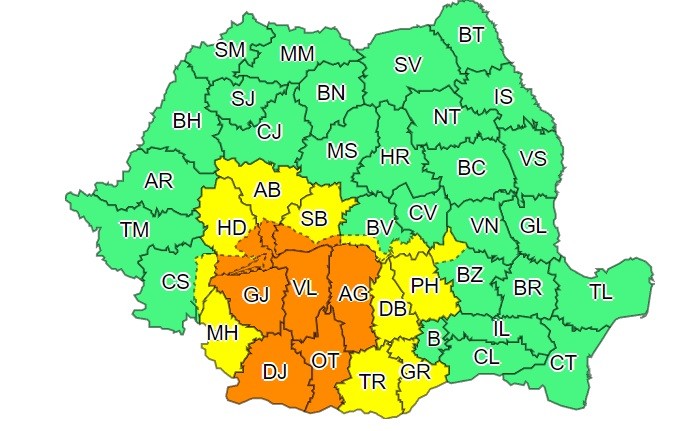 Codul galben de furtuni este valabil din 10 august, ora 10:00 până pe 11 august, ora 8:00, iar codul portocaliu este valabil din 10 august, ora 12:00 până pe 11 august, ora 3:00