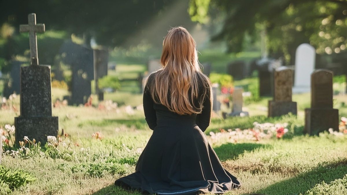 O femeie stă în genunchi într-un cimitir și se uită la morminte. Scena este sumbră și reflexivă