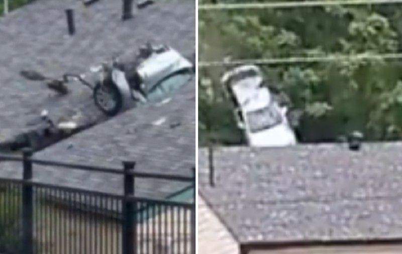 O mașină „zboară” și se înfinge în acoperișul unei clădiri, distrus pentru a doua oară în trei luni. Imagini cu momentul „decolării”| VIDEO