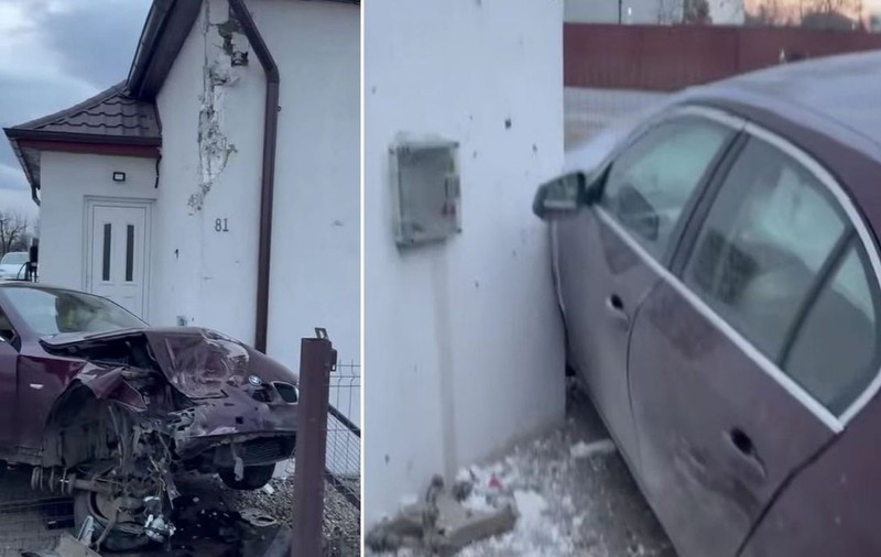 Un șofer beat cu BMW a mers cu 160 km/h și a zburat de pe șosea direct în colțul de sus al unei case din Satu Mare. Proprietar: „Era să mor”
