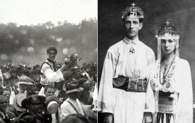 Nunta lui Corneliu Zelea Codreanu, comparată cu cea a șefului AUR, George Simion: nuntași în costume populare, pirostrii cu svastică și picnic în aer liber