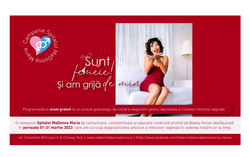 Spitalul MaDonna Maria Craiova oferă gratuit al doilea an consecutiv consultații ginecologice și analize specifice, în luna femeii prin campania „Sunt femeie și am grijă de mine!”
