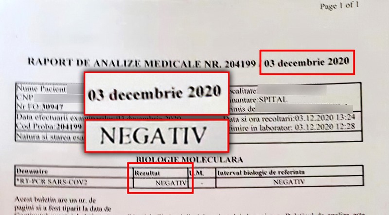 Raportul de analize medicale din data de 3 decembrie 2020
