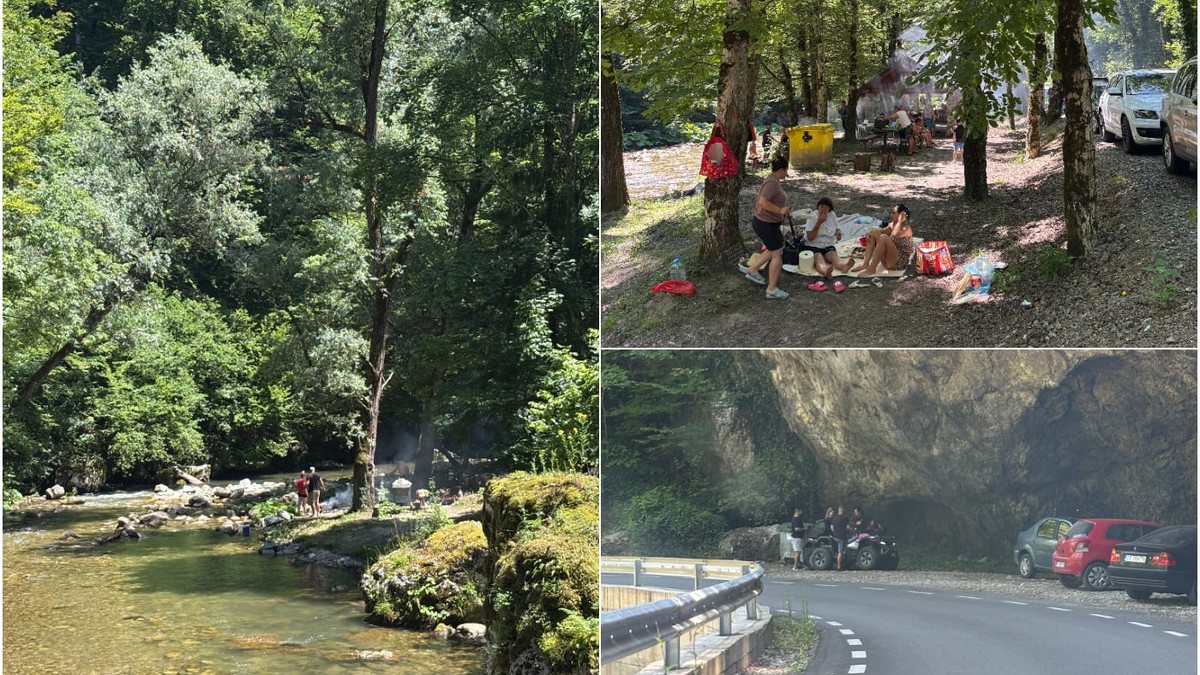 Un colaj cu oameni care se relaxeaza pe malul unei ape, altii fac un gratar, iar altii sunt pe motocicleta