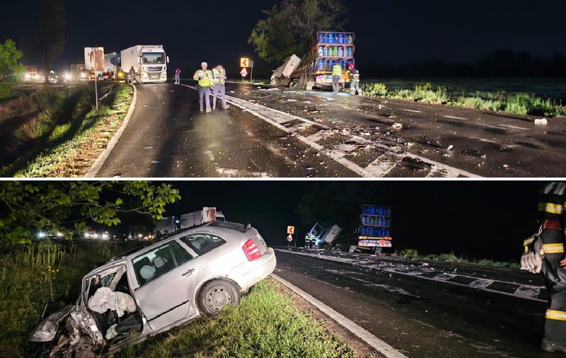 Un camion cu butelii și o mașină s-au lovit în plin, la ieșirea din Tecuci, județul Galați. Două persoane au fost rănite