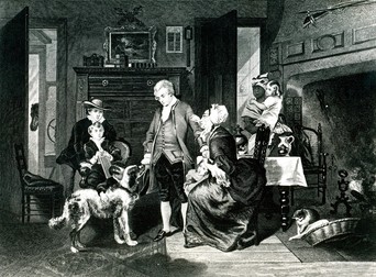 Gravură realizată în 1856, care îl prezintă pe George Washington uitându-se la un câine. Foto: Profimedia