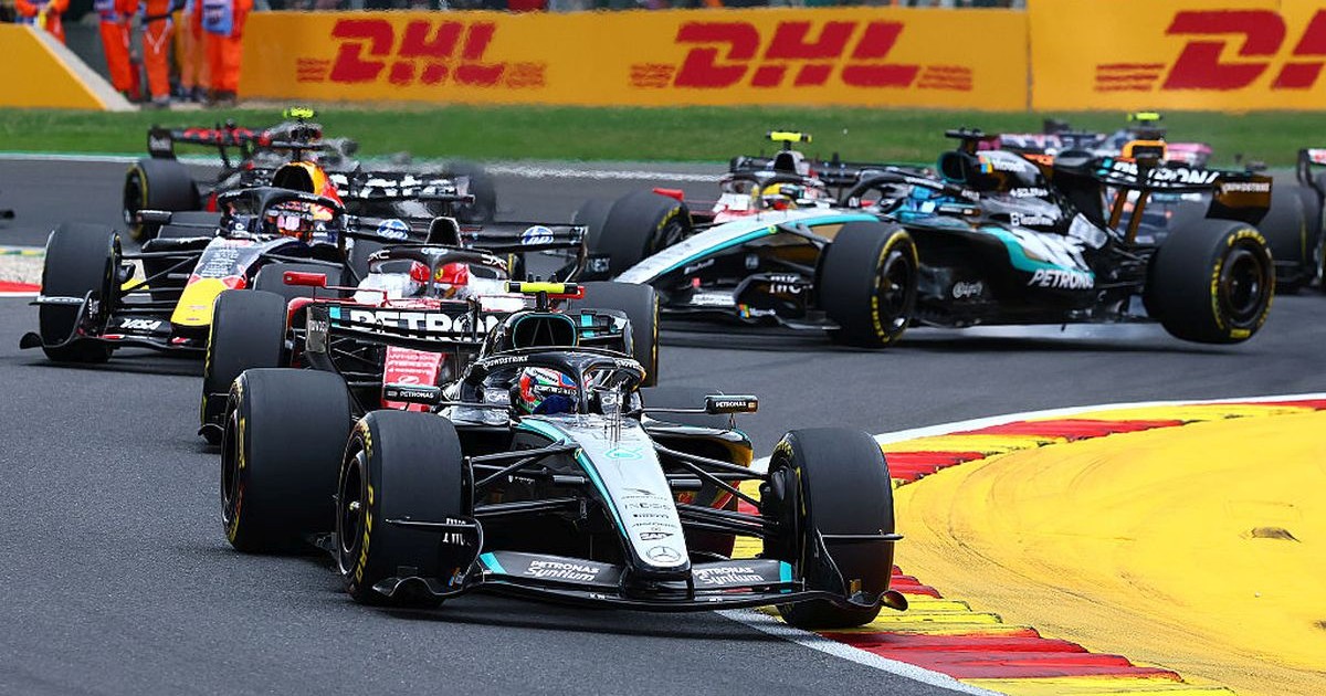 SPA, BELGIUM - JULY 19: Andrea Kimi Antonelli of Italy driving the (12) Mercedes AMG Petronas F1 Team W17 leads Charles Leclerc of Monaco driving the (16) Scuderia Ferrari SF-26 and Max Verstappen of the Netherlands driving the (3) Oracle Red Bull Racing RB22 Red Bull Ford as George Russell of Great Britain driving the (63) Mercedes AMG Petronas F1 Team W17 spins off at the start during the F1 Grand Prix of Belgium at Circuit de Spa-Francorchamps on July 19, 2026 in Spa, Belgium. (Photo by Clive Mason/Getty Images)