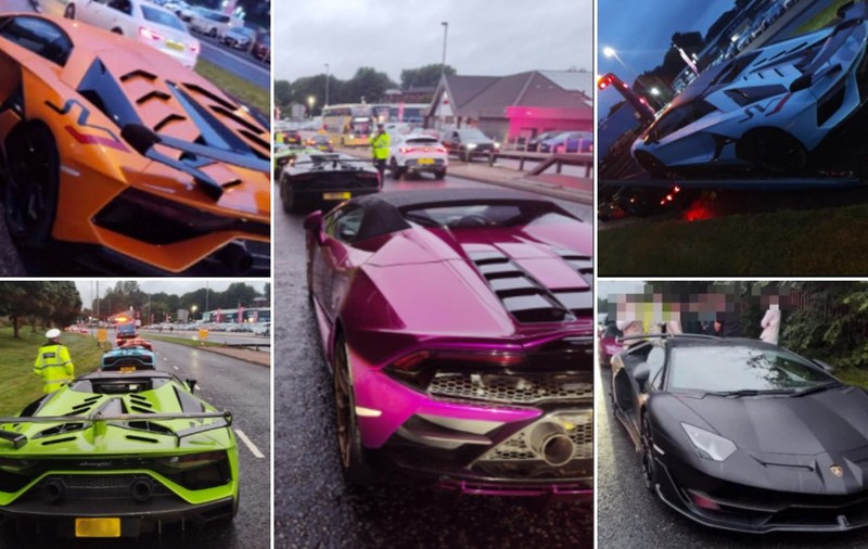 Colaj de cadre ce surprind mai multe autoturisme de lux Lamborghini în culori vii, oprite pe marginea drumului sau încărcate pe o platformă de tractare în prezența poliției.