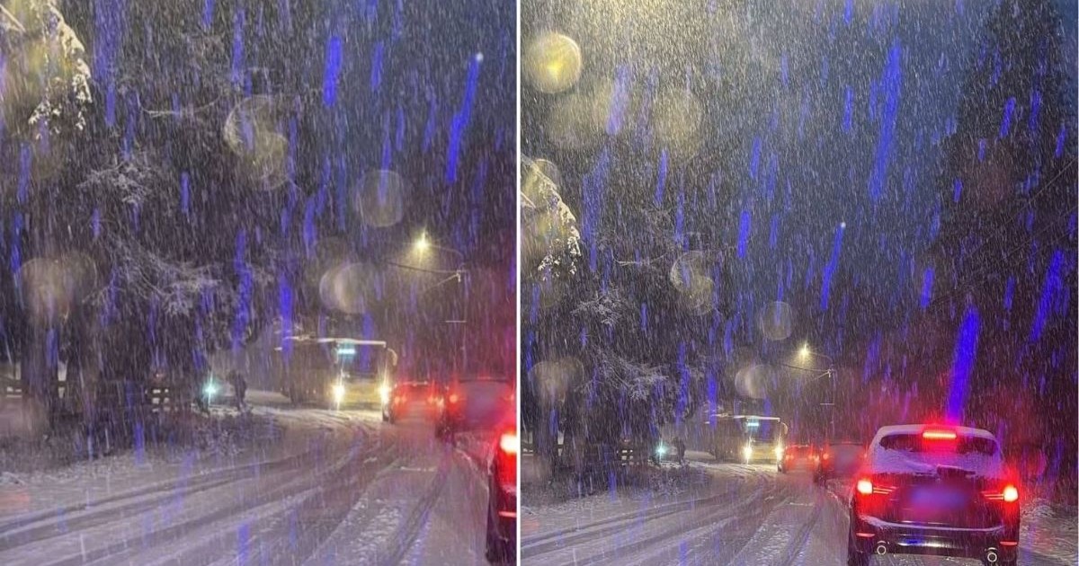 colaj foto format din două imagini care arată un drum acoperit de zăpadă în județul Sibiu, 23 noiembrie 2025