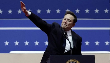 U.S.: Washington - January 21, 2025.Nazi Fascist salute?.SpaceX CEO Elon Musk gestures during a rally on the inauguration day of U.S. President Donald Trumpâs second Presidential term, inside Capital One, in Washington, U.S. January 20, 2025...SpaceX CEO Elon Musk gestures during a rally on the inauguration day of U.S. President Donald Trumpâs second Presidential term, inside Capital One, in Washington, U.S. January 20, 2025 (Credit Image: © Ios/ROPI via ZUMA Press)