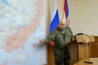 epa10296352 A handout still image taken from a handout video provided by the Russian Defence ministry press-service shows General of the Army Sergei Surovikin, commander of the joint group of troops in the area of ??the special military operation, reports to the Russian Defence Minister Sergei Shoigu about situation in Kherson region, in Moscow, Russia, 09 November 2022. The Russian military will transfer their units to the left bank of the Dnieper river, General of the Army Sergei Surovikin, commander of the joint group of troops in the area of ??the special military operation, said while reporting to Russian Defense Minister Sergei Shoigu. 'Comprehensively assessing the current situation, it is proposed to take up defense along the left bank of the Dnieper River. I understand that this is a very difficult decision,' Surovikin said. EPA-EFE/RUSSIAN DEFENCE MINISTRY PRESS SERVICE / HANDOUT HANDOUT EDITORIAL USE ONLY/NO SALES