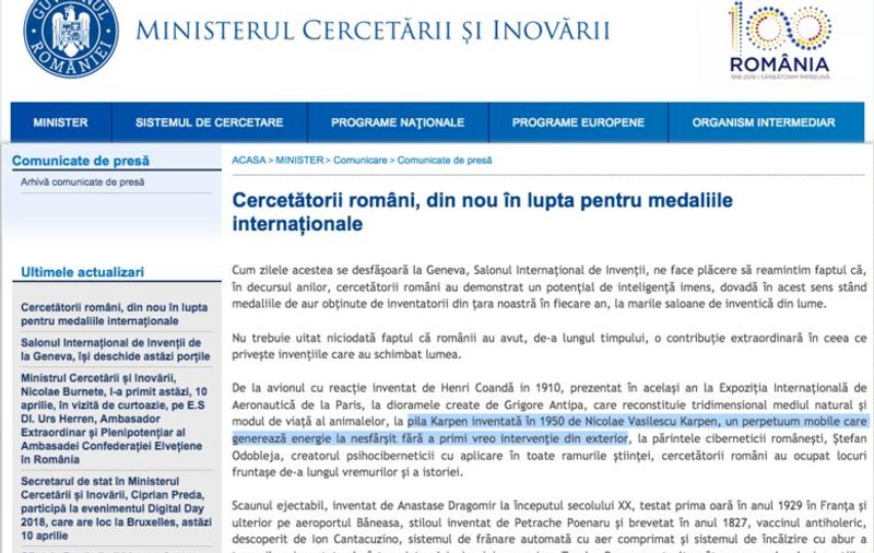 Ministerul Cercetării a explicat gafa cu perpetuum mobile: "O interpretare personală a celui care a redactat comunicatul"