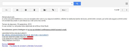 Email-ul primit de absolvenţii FJSC, prin care li se transmite că trebuie să restituie bursele de merit