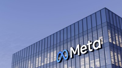 Menlo Park, California, USA. January 9, 2022. Editorial Use Only, 3D CGI. Meta Signage Logo on Top of Glass Building. Metaverse Workplace Technology S