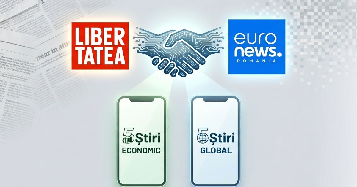 Logo-urile Libertate și Euronews și două telefoane pe care apar rubricile 5 știri Global și Economic