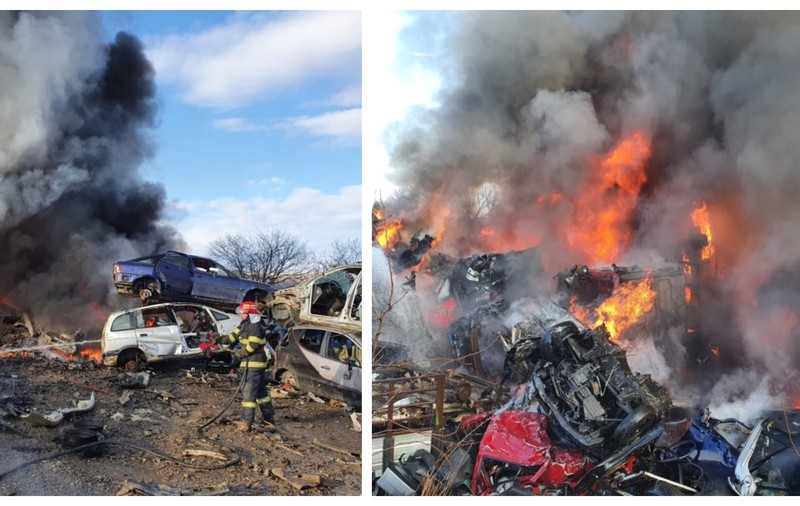Incendiu de proporții la un parc de dezmembrări auto din Neamţ. Au ars mai multe mașini