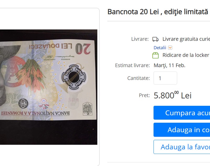 Cât costă o bancnotă de 20 de lei care e în circulație, dar e atât de rară, încât colecționarii se bat pe ea