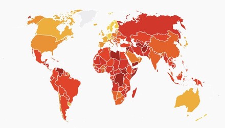 Harta cu indicele de Percepţie a Corupţiei în Europa și Occident