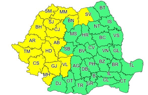 Codul galben intră în vigoare pe 26 iulie, la ora 6.00, și este valabil până la ora 23.00
