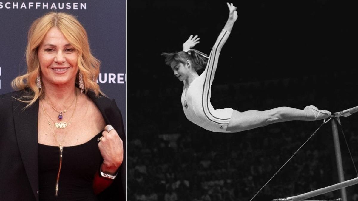 Colaj foto in stanga Nadia Comaneci la Laureus World Sports Awards Madrid 2026 In dreapta fotografie din 18 iulie 1976, Nadia Comăneci, din România, coboară de la paralele inegale în timpul unei performanțe perfecte de „10” la Jocurile Olimpice de vară de la Montreal, Canada.