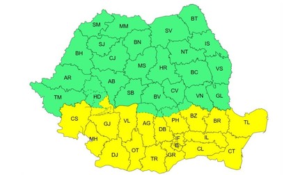 Harta zonelor afectate de codul galben de ninsoare și polei din Ajun și Ziua de Crăciun. Foto: ANM