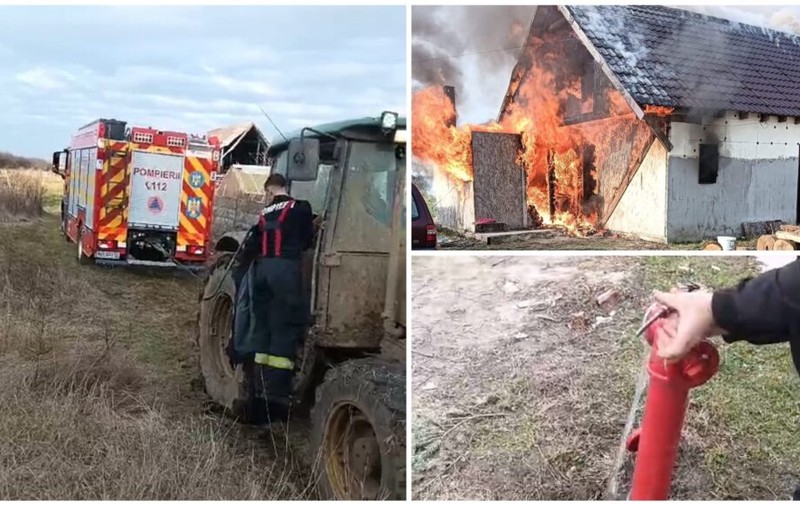 Pompierii n-au avut apă să stingă incendiul care a mistuit o casă din Satu Mare, autospeciala s-a împotmolit și a fost scoasă din noroi de un tractor | VIDEO