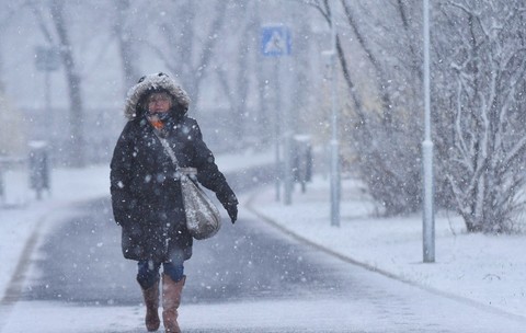 O persoană îmbrăcată cu o geacă groasă cu glugă cu blană mergând pe un trotuar acoperit de zăpadă în timpul unei ninsori abundente.