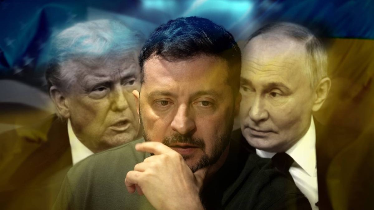 Montaj foto cu Donald Trump, stânga, Volodimir Zelenski, centru, Vladimir Putin, dreapta, conceptul de negocieri in războiul Rusia - Ucraina