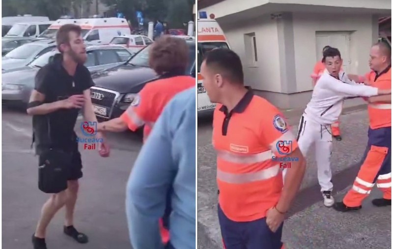 Scandal în curtea Serviciului de Ambulanţă Suceava. Doi bărbaţi s-au bătut și au fost despărțiți de ambulanțieri. VIDEO